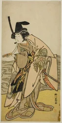 O ator Yamashita Kinsaku II como Lady Kikusui (Kikusui Gozen) na peça Kaeribana Eiyu Taiheiki, representada no Teatro Nakamura no décimo primeiro mês de 1779