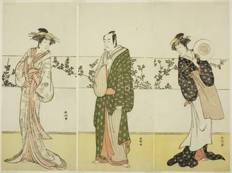 Os actores Osagawa Tsuneyo II (à direita), Ichikawa Monnosuke II (ao centro) e Segawa Kikunojo III (à esquerda), possivelmente como Misao Gozen, Matsuya Soshichi e a cortesã Kojoro de Hakata, na peça Chiyo no Hajime Ondo no Seto (Começos da Eternidade: O O