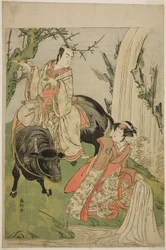 Os actores Segawa Kikunojo III como Princesa Hatsune (Hatsune Hime) (à direita), e Ichikawa Monnosuke II como Miyukinosuke Yukinari, na peça Otokoyama Furisode Genji, representada no Teatro Kiri no décimo primeiro mês de 1785