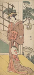 Arashi Ryuzo como uma mulher alta em pé no Engawa, ca. 1789.