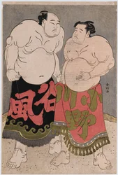 Retratos completos dos lutadores Onogawa Kisaburo, à direita, e Tanizake Kajinosuke, à esquerda