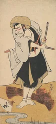 O primeiro Nakamura Nakazō como samurai rōnin trajado com um quimono preto, c. 1784-88.