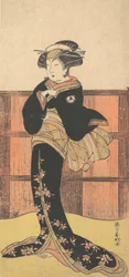 O quarto Iwai Hanshiro como mulher num quimono preto, ca. 1778