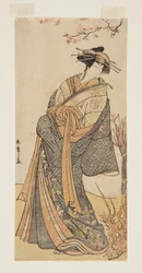 Ator Segawa Tomisaburo II como uma cortesã alta em pé em uma sala (impressão em xilogravura colorida)
