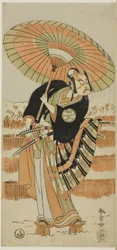 Os actores Ichimura Uzaemon IX como Kajiwara Genta no Kagetoki (à esquerda), Segawa Kikunojô II como Yuki Onna (ao centro) e Arashi Sangorô II como Minamoto no Yoritomo (à direita) em "O algodão de Izu protegendo os crisântemos matrimoniais" ("Miyoto-giku 
