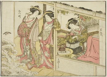 Cortesãs da Nakaomiya, do livro "Espelho de Belas Mulheres dos Bairros do Prazer (Seiro bijin awase sugata kagami)", vol. 2