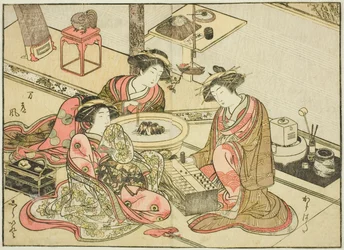 Cortesãs do Yamashiroya, do livro "Espelho de Belas Mulheres dos Bairros do Prazer (Seiro bijin awase sugata kagami)", vol. 2
