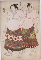 Retratos completos dos lutadores do Grupo Oriental, Uzugafuchi à direita e Onogawa à esquerda (impressão a cores de bloco de madeira)
