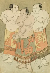 Retratos dos lutadores Nishikigi, Todagawa e Iwagaseki a todo o comprimento que se apresentam no Anel (impressão a cores de bloco de madeira)