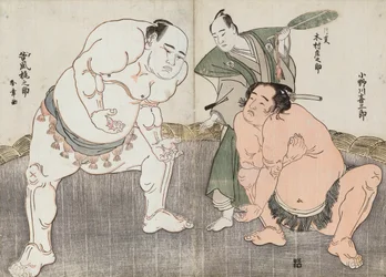 Onagawa Kisaburo e Tanikaze Kajinosuke interpretando o Shiriki no Dohyo, apitado por Kimura Shonosuke (impressão a cores do bloco de madeira)