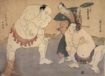 Onagawa Kisaburo e Tanikaze Kajinosuke executam o Shiriki no Dohyo, arbitrado por Kimura Shonosuke