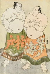 Retratos dos lutadores Fudenoumi e Kashiwado (impressão a cores em bloco de madeira)