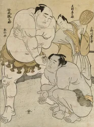 Preparativos para a partida entre Onagawa Kisaburo e Tanikaze Kajinosuke, apitado por Kimura Shonosuke (impressão em bloco de madeira a cores)