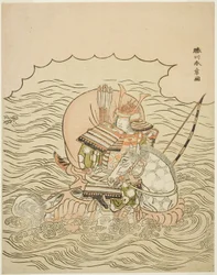 Taira no Atsumori Cavalgando um cavalo para o mar, c.1770 (xilogravura a cores; chuban)