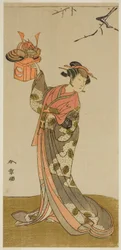 O ator Arashi Hinaji I como Hananoi na peça Gosho-zakura Horikawa Youchi, apresentada no Teatro Ichimura no quarto mês de 1773