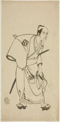 O ator Arashi Otohachi I como Hotei Ichiemon na peça Ayatsuri Kabuki Ogi, apresentada no Teatro Nakamura no Sétimo Mês, 1768