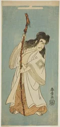 O ator Ichikawa Danjuro IV possivelmente como Tenjiku Tokubei na peça "Tenjiku Tokubei vira o leme para casa (Tenjiku Tokubei Kokyo no Torikaji)", apresentada no Teatro Nakamura no oitavo mês de 1768