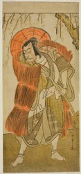 O ator Ichikawa Danjuro V como Akushichibyoe Kagekiyo disfarçado de mendigo, na peça Tsukisenu Haru Hagoromo Soga, apresentada no Teatro Ichimura no terceiro mês de 1777