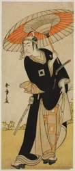 O Ator Ichikawa Danjuro V como Hanakapado no Sukeroku na peça Nanakusa Yosooi Soga, apresentada no Teatro Nakamura no Quinto Mês,