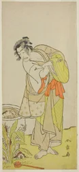 O Ator Ichikawa Danjuro V como Soga no Dozaburo (?) na Peça Shida Yuzuriha Horai Soga (?), Apresentada no Teatro Morita (?) no Primeiro Mês, 1775 (?)