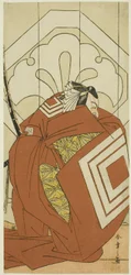 O ator Ichikawa Danjuro V num papel de "Shibaraku", provavelmente como Kato Hyoeisa Shigemitsu, na terceira cena da peça Masakado Kammuri no Hatsuyuki (A primeira neve no toucado da corte de Taira no Masakado), representada no Teatro Nakamura na décima pri