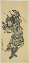 O ator Ichikawa Danzo III como Shoki the Demon Queller no Play Date Moyo Kumo ni Inazuma, realizado no Teatro Morita no décimo mês de 1768