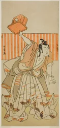O ator Ichikawa Monnosuke II como Ageha no Chokichi disfarçado de Soga no Goro Tokimune na peça Kaido Ichi Yawaragi Soga, apresentada no Teatro Nakamura no terceiro mês de 1778