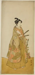 O ator Ichikawa Monnosuke II como Kichisaburo, Pajem do Templo de Kichijo-ji, na peça Sono Kyodai Fuji no Sugatami, apresentada no Teatro Morita no segundo mês, 1776