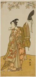 O ator Ichikawa Monnosuke II como Shimokobe Shoji Yukihira, na peça Gohiiki Kanjincho (sua peça favorita Kanjincho [A lista de assinaturas]), apresentada no Teatro Nakamura desde o primeiro dia do décimo primeiro mês, 1773