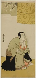 O ator Ichikawa Monnosuke II como monge budista na peça Edo no Hana Mimasu Soga, apresentada no Teatro Nakamura no quarto mês, 1783