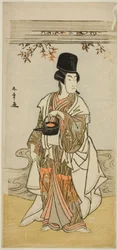 O ator Ichikawa Monnosuke II como o servo da corte Shoheida Sadamori na peça Masakado Kammuri no Hatsuyuki, apresentada no Teatro Nakamura no décimo primeiro mês de 1777