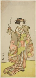 O ator Ichikawa Monnosuke II como a cortesã Kewaizaka no Shosho na peça Sono Kyodai Fuji no Sugatami, apresentada no Teatro Morita no primeiro mês, 1776