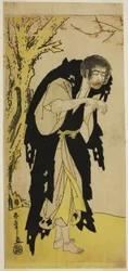 O ator Ichikawa Monnosuke II como o monge renegado Zenjibo disfarçado de Dainichibo na peça Edo no Fuji Wakayagi Soga, apresentada no Teatro Nakamura no primeiro mês de 1789