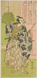 O ator Ichimura Uzaemon IX como Fuwa Banzaemon na peça Keisei Nagoya Obi, realizada no Teatro Ichimura no oitavo mês de 1771