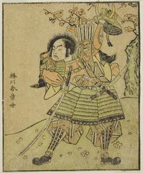 O ator Ichimura Uzaemon IX como Kajiwara Genta no Kagetoki (?), na peça Myoto-giku Izu no Kisewata, apresentada no Teatro Nakamura no décimo primeiro mês, 1770