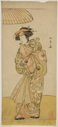 O ator Ikushima Daikichi III como a cortesã Naniwazu na peça Saki Masuya Ume no Kachidoki, apresentada no Teatro Ichimura no décimo primeiro mês de 1777