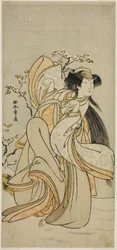 O ator Iwai Hanshiro IV como Kojoro-gitsune de Hakata na peça Hikitsurete Yagoe Taiheiki, apresentada no Teatro Morita no décimo primeiro mês, 1776