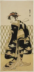 O ator Iwai Hanshiro IV como Mitsuogiya Usukumo na peça Shida Choja-bashira, apresentada no Teatro Nakamura no oitavo mês de 1781