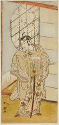 O ator Matsumoto Koshiro IV como Matsuo-maru na peça Sugawara Denju Tenarai Kagami, realizada no Teatro Nakamura no nono mês de 1773