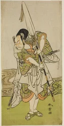 O ator Nakamura Juzo II como Asahara Hachiro disfarçado de servo de uma família principesca, na peça Onna Aruji Hatsuyuki no Sekai, apresentada no Teatro Morita no décimo primeiro mês de 1773