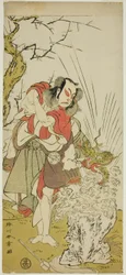 O Ator Nakamura Juzo II como Yushichi (?) na Peça Keisei Momiji no Uchikake (?), Apresentada no Teatro Morita (?) no Sétimo Mês, 1772 (?)