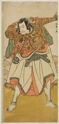 O ator Nakamura Nakazo I como Chinzei Hachiro Tametomo disfarçado de monge asceta, na peça Kitekaeru Nishiki no Wakayaka, apresentada no Teatro Nakamura no décimo primeiro mês, 1780