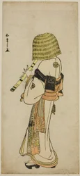 O ator Nakamura Nakazo I como Kakogawa Honzo em Komuso Traje na peça Kanadehon Chushingura, realizada no Teatro Ichimura no sétimo mês de 1783