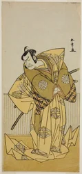 O Ator Nakamura Nakazo I como Kudo Sukestune (?) na Peça Kokimazete Takao Soga (?), Realizada no Teatro Ichimura (?) no Segundo Mês, 1778