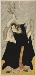 O ator Nakamura Nakazo I no papel do deus do trovão, uma encarnação de Kan Shojo, na peça Sugawara Denju Tenarai Kagami, apresentada no Teatro Morita no terceiro mês de 1780