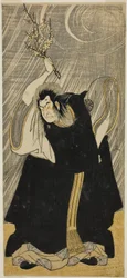 O ator Nakamura Nakazō I como o deus do trovão, uma encarnação de Kan Shōjō, na peça «Sugawara Denju Tenarai Kagami», apresentada no Teatro Morita no terceiro mês de 1780