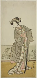 O ator Nakamura Tomijuro I como Lady Hangaku (Hangaku Gozen) na peça Wada-gassen Onna Maizuru, representada no Teatro Nakamura no sétimo mês, c.1777 (xilogravura a cores; hosoban)