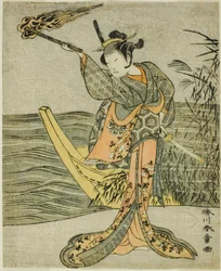 O ator Nakamura Tomijuro I como Nagoya Osan na peça Fuki Kaete Tsuki mo Yoshiwara (Rethatched Roof: The Moon also Shines Over the Yoshiwara Pleasure District), apresentada no Teatro Morita no décimo primeiro mês de 1771