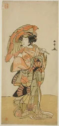 O ator Nakamura Tomijuro I como a raposa fêmea do Monte Ubagadake na peça "Chigo Torii Tobiiri Kitsune", apresentada no Teatro Ichimura no décimo primeiro mês de 1777