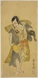 O ator Nakamura Utaemon I como Kudo Suketsune disfarçado de mendigo na peça Soga Moyo Aigo no Wakamatsu, apresentada no Teatro Nakamura no primeiro mês, 1769